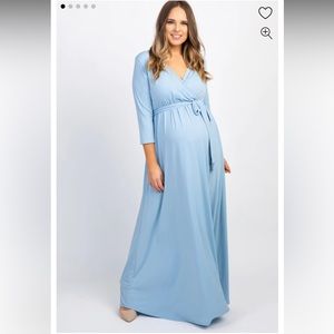 Pink Blush, Maternity, sky blue 3/4 sleeve, maxi dress